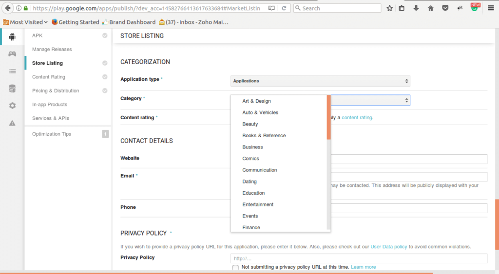 Select Category for Android App
