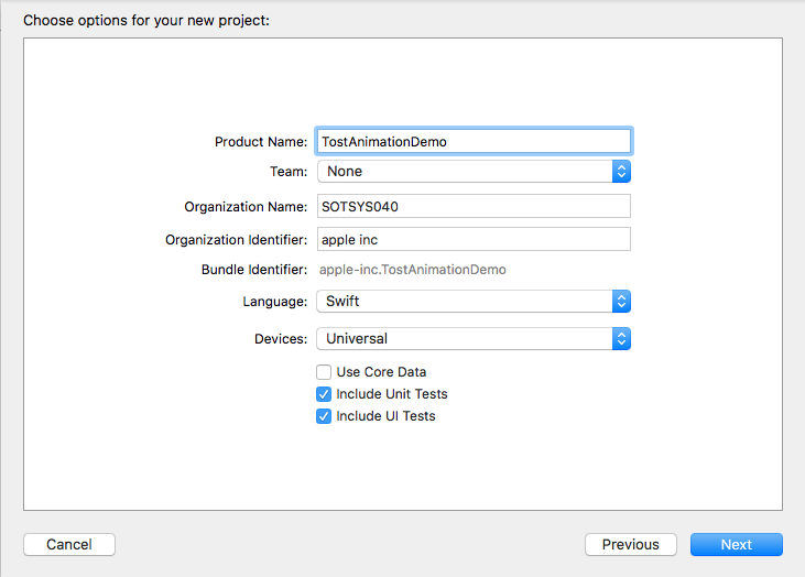choose options for your new project for ios toast message