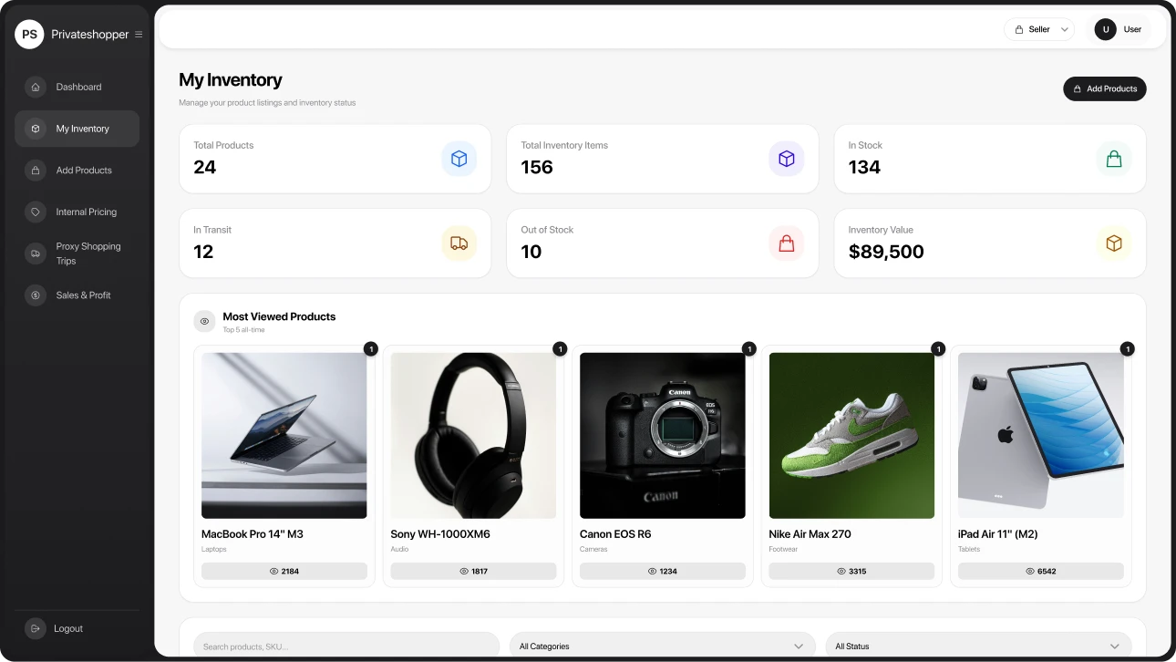 PrivateShopper seller inventory dashboard