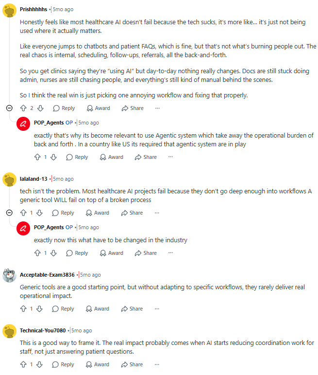 Reddit discussion on healthcare AI deployments failure